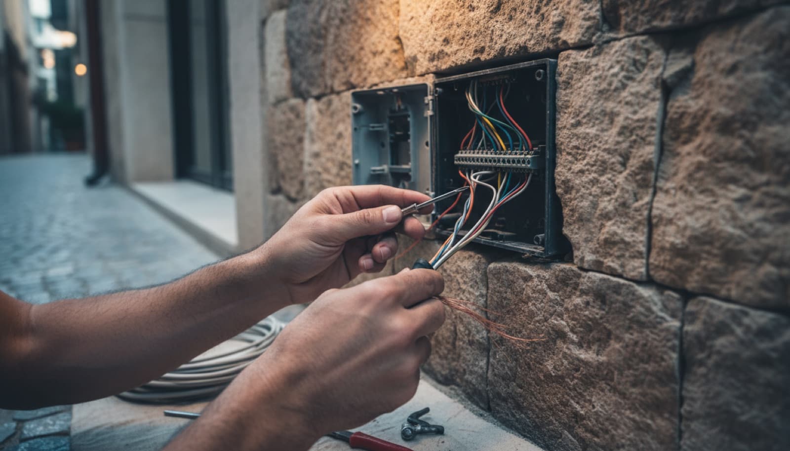 Apartman girişinde kapağı sökülmüş görüntülü diafon dış ünitesine hat kablosu bağlayan teknisyen