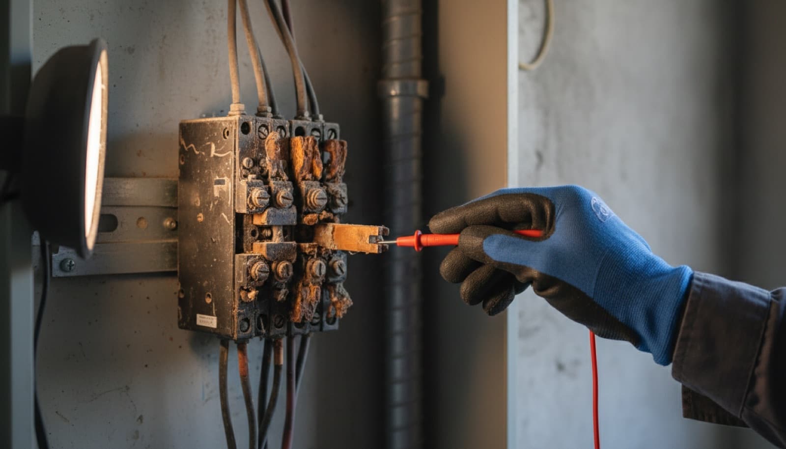 Isıdan renk değiştirmiş klemensleri ve gevşemiş bara bağlantısı olan eski elektrik panosu