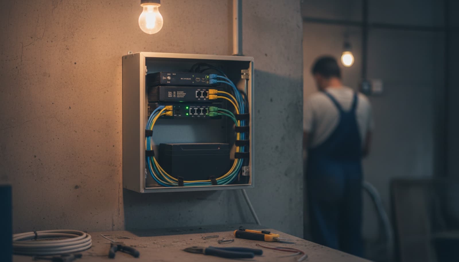 Sistem odasındaki kabinde kayıt cihazı, ağ anahtarı ve yedek akü, düzenli patch kabloları