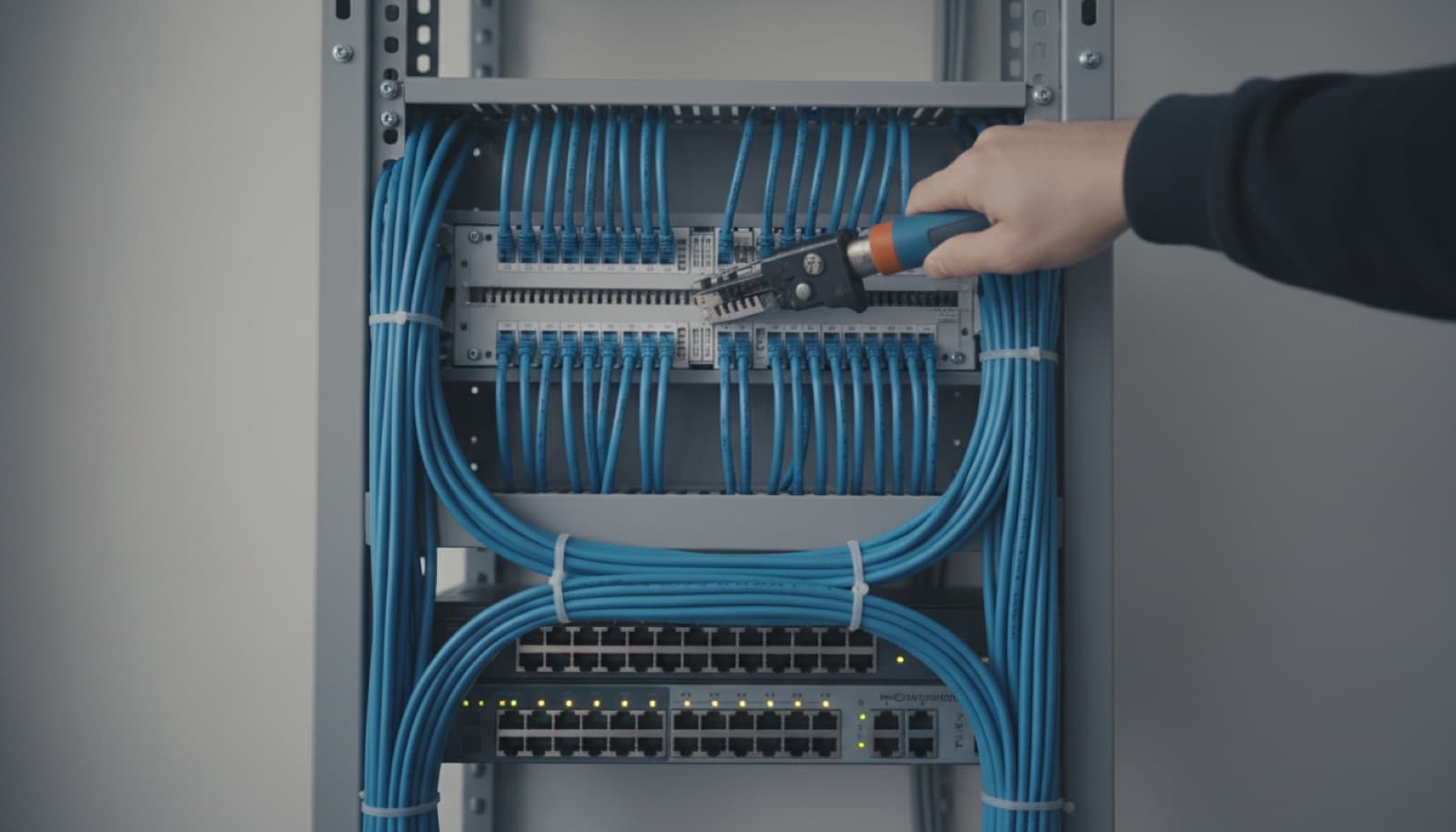 Duvar tipi kabinde sonlandırılan patch panel ve düzenli mavi ağ kablosu demetleri