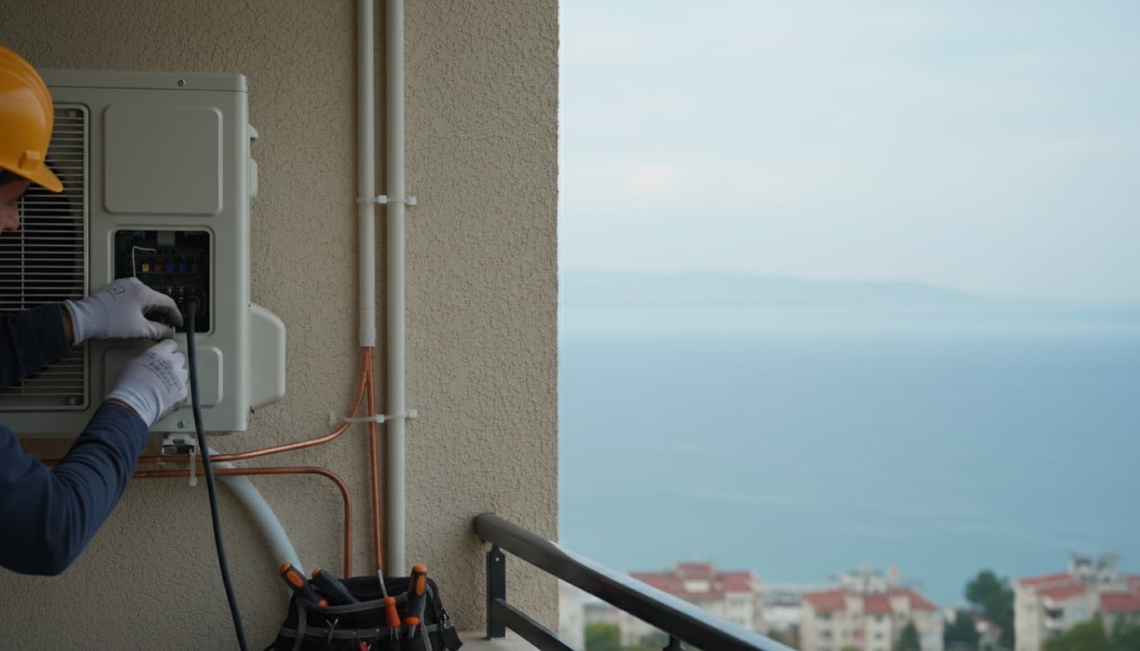 Balkon duvarına monte edilmiş klima dış ünitesinin besleme kablosunu bağlayan elektrikçi
