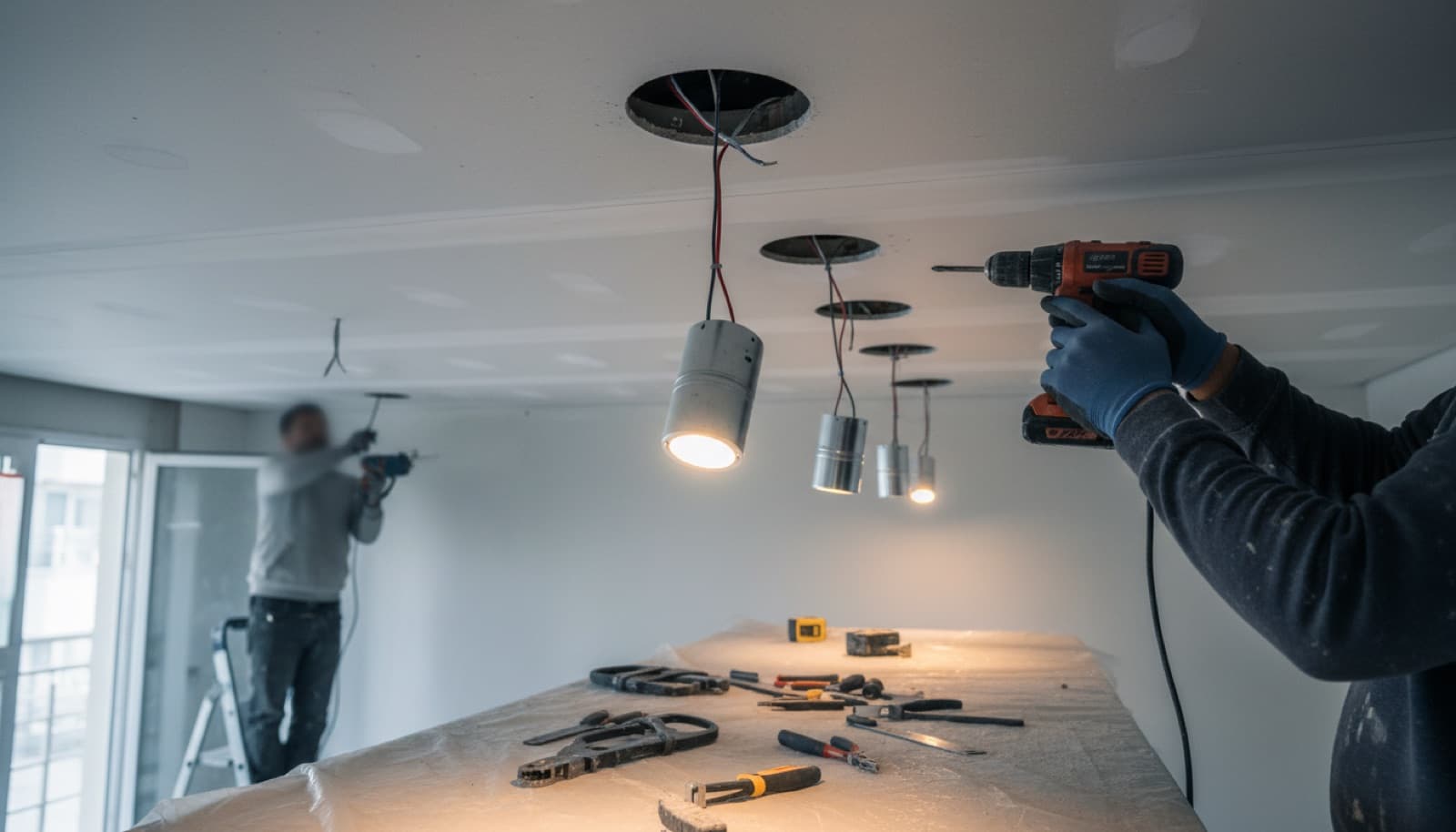 Alçıpan tavana yerleştirilen LED spot armatürler, bir tanesi kablosundan sarkarken