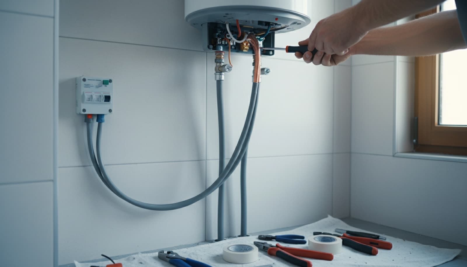 Banyoda duvara asılı elektrikli şofbenin açık klemens kapağına bağlanan kalın besleme kablosu